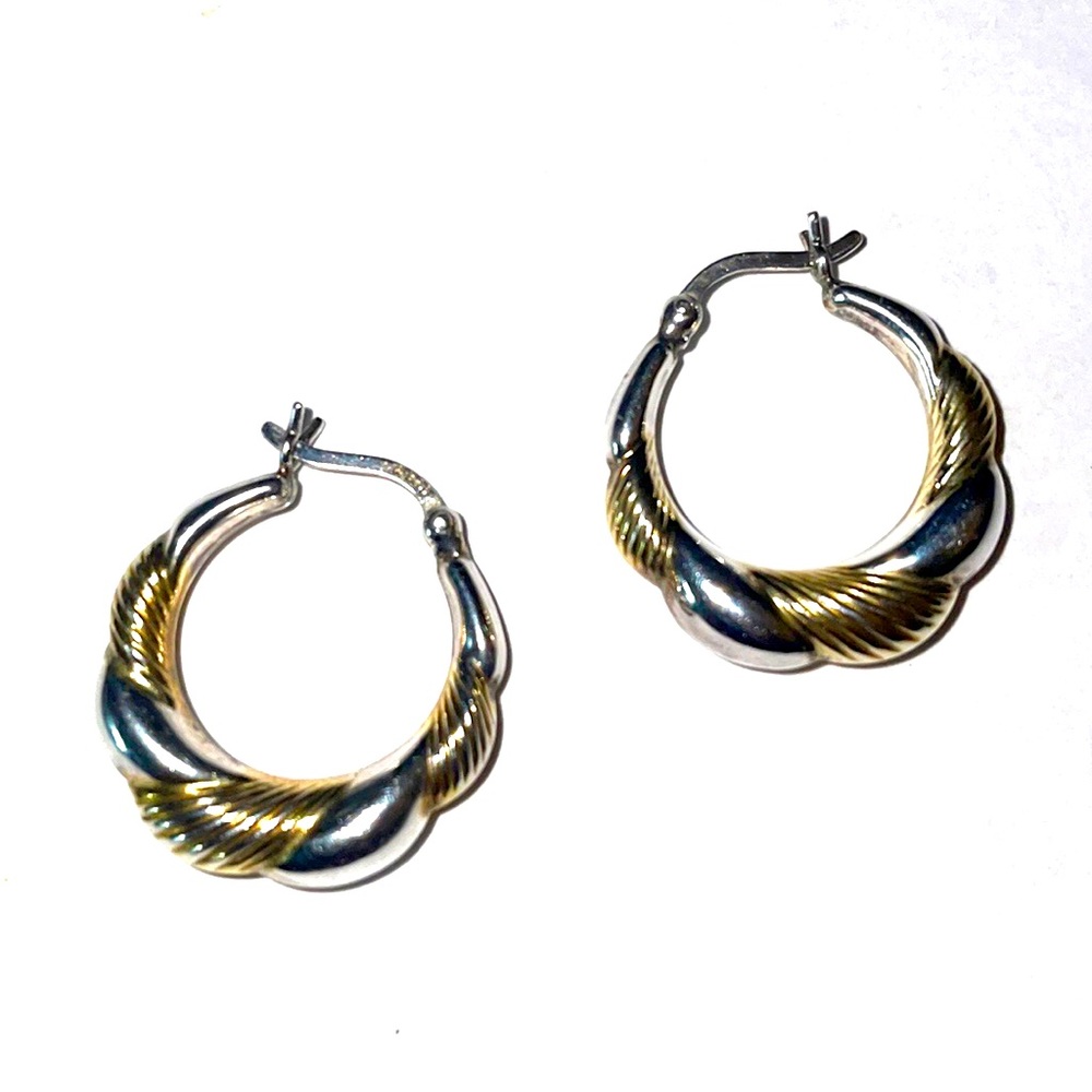 Sterling Silver 925 & Gold Plated Twisted Puffy Hoop Latch Back Earrings - Picture 3 of 4